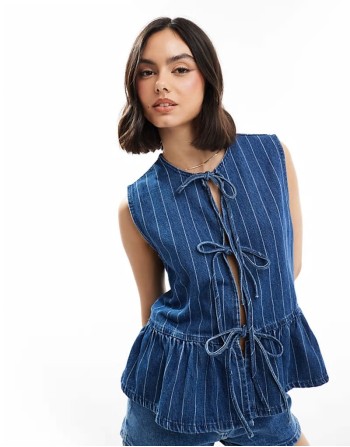 denim tie front top in blue stripe