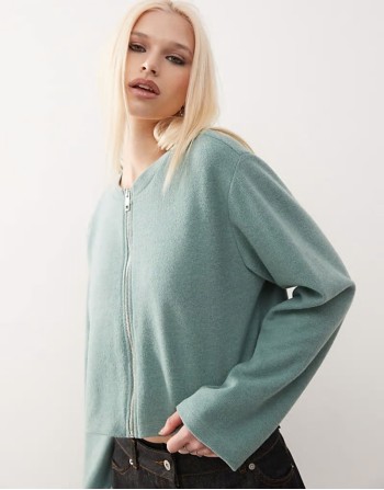 super soft ribbed zip through top in sage