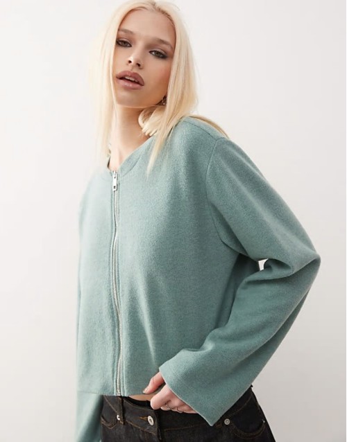super soft ribbed zip through top in sage