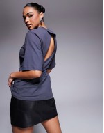 fitted waist t-shirt with wrap cut out back detail in charcoal