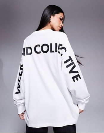 Weekend Collective oversized long sve t-shirt with back logo in white