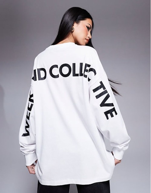 Weekend Collective oversized long sve t-shirt with back logo in white