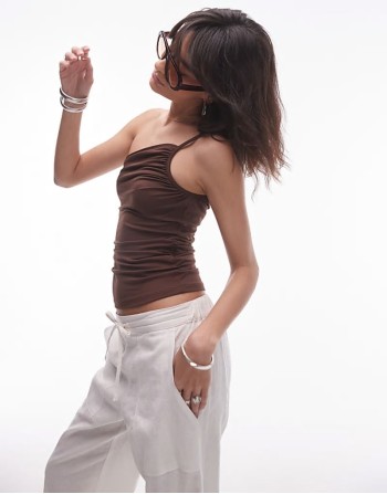 jersey asymmetrical strap top in brown
