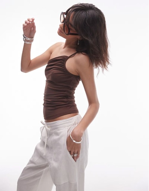 jersey asymmetrical strap top in brown