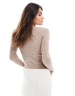 cosy knit rib V neck faux pearl button detail long sve top in oatmeal