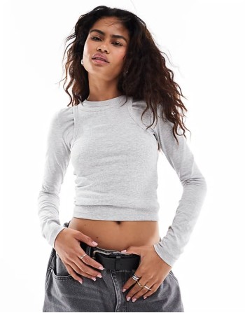 double layer long sve top in grey marl