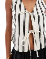 stripe tie front top in white