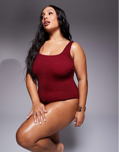 square neck crinkle swimsuit in cherry red