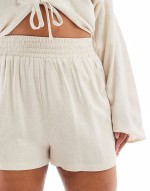 exclusive linen shirred waist shorts in beige