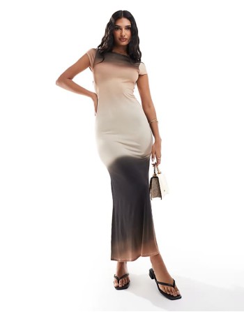 cap sve maxi dress with cutout back in brown ombre print