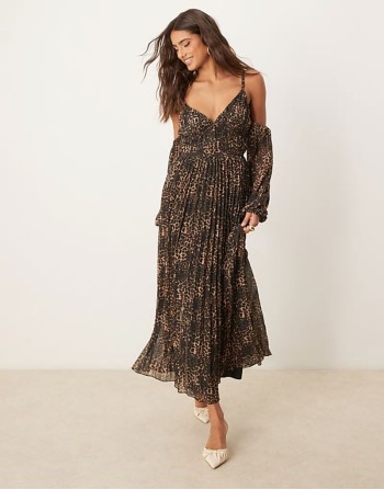 plunge  pleated midaxi dress in animal print