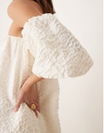 off shoulder puff sve structured jaquard mini dress in garde white