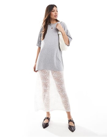 grey marl t-shirt dress with lace skirt