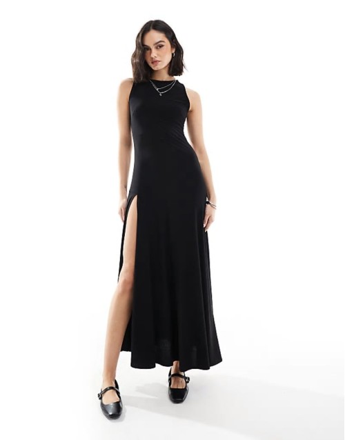 split hem midi maxi dress in black