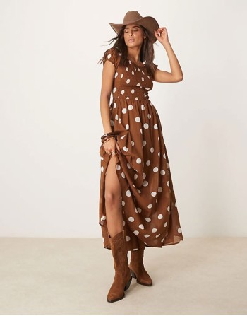 ultraviolet polka dot shirred bust midaxi dress in oak