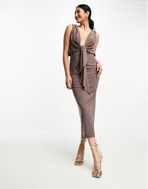 plunge front tie midi dress in mocha brown