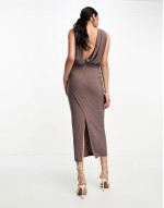 plunge front tie midi dress in mocha brown