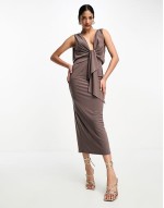 plunge front tie midi dress in mocha brown