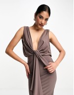 plunge front tie midi dress in mocha brown