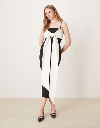 extreme contrast bow midaxi dress in black and cream
