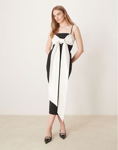 extreme contrast bow midaxi dress in black and cream