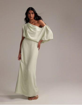 Bridesmaids crepe one shoulder draped maxi dress in light green
