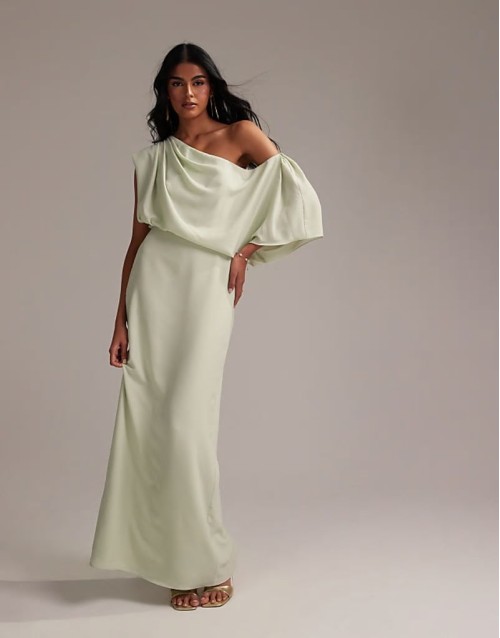 Bridesmaids crepe one shoulder draped maxi dress in light green