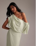 Bridesmaids crepe one shoulder draped maxi dress in light green