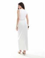 double layered slinky gold hardware detail off shoulder drape detail maxi dress in cream