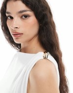 double layered slinky gold hardware detail off shoulder drape detail maxi dress in cream