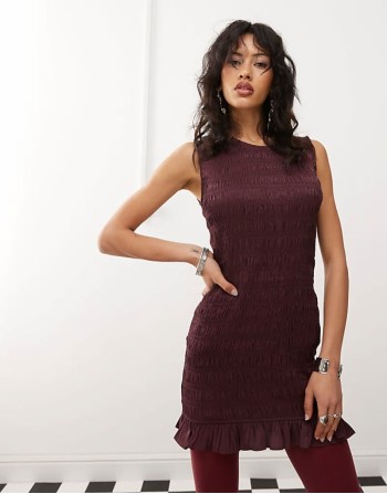sveless satin shirred dress with frill edges in burgundy