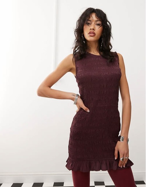 sveless satin shirred dress with frill edges in burgundy