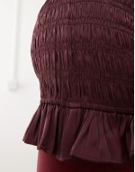 sveless satin shirred dress with frill edges in burgundy