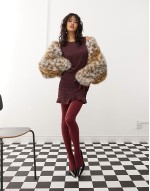 sveless satin shirred dress with frill edges in burgundy