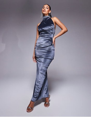 velvet twist bust detail halter maxi dress with tie back neck in charcoal