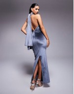 velvet twist bust detail halter maxi dress with tie back neck in charcoal