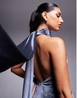 velvet twist bust detail halter maxi dress with tie back neck in charcoal