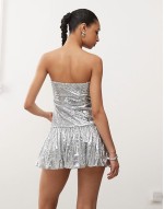 rone sequin puffball mini dress in silver