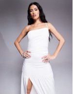 double layered slinky ruched one shoulder dropped waist maxi dress in white
