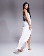 double layered slinky ruched one shoulder dropped waist maxi dress in white