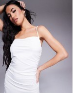 double layered slinky ruched one shoulder dropped waist maxi dress in white