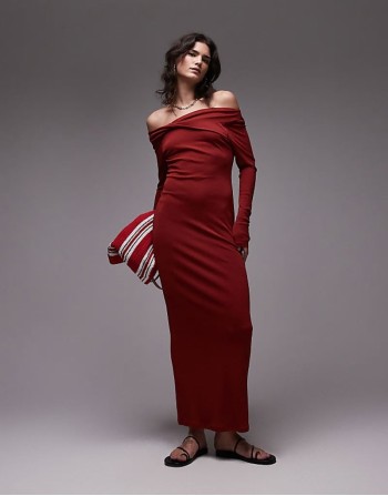 twist detail long sve maxi dress in rust red