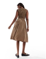 drop waist shirred midaxi dress in brown check