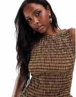 drop waist shirred midaxi dress in brown check