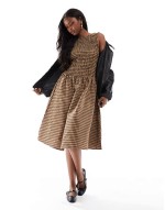 drop waist shirred midaxi dress in brown check