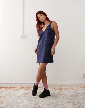 pinafore mini dress in navy check pinstripe