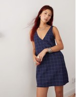 pinafore mini dress in navy check pinstripe