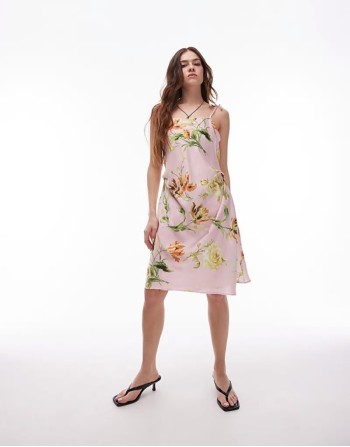 satin tie front midi slip dress in floral print