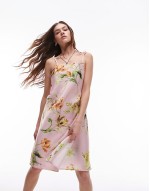 satin tie front midi slip dress in floral print