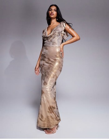 shimmer plunge cowl neck maxi dress with tie detail in neutral floral print